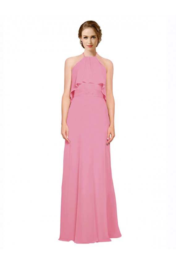 Cheap Ruffle Halter Neck A-Line Chiffon Bridesmaid Dress with Open Back UK
