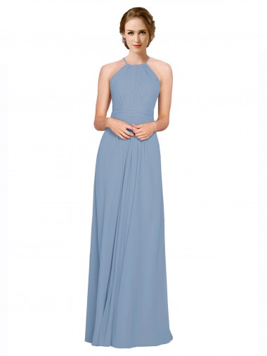 Cheap Pleated Halter Neckline A-Line Chiffon Bridesmaid with Criss Cross Back UK