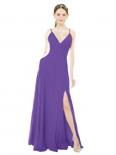 Cheap Long Chiffon A-Line Bridesmaid Dress with Deep V-Neckline and Side Slit UK