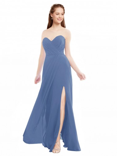 Cheap Classic Strapless Bridesmaids Dress with Draped Sweetheart Bodice and Side Slit UK