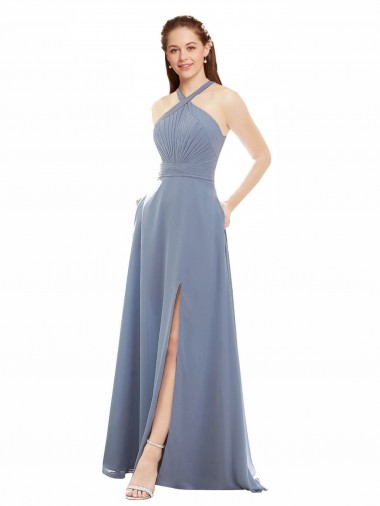 Cheap High Neck Chiffon Bridesmaid Dress with Draped Bodice & Pockets UK
