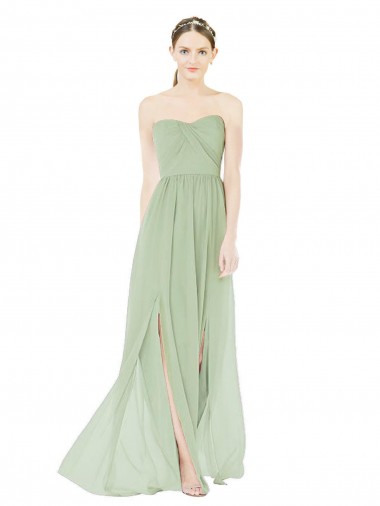 Cheap Strapless Draped Bodice Maxi Bridesmaid Dress with Front Slits UK