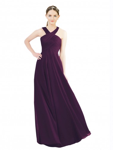 Cheap Draped Long Chiffon Bridesmaid Dress with Unique Crossed Neckline UK