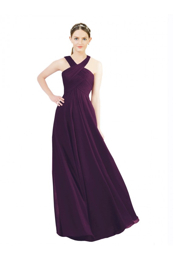 Cheap Draped Long Chiffon Bridesmaid Dress with Unique Crossed Neckline UK