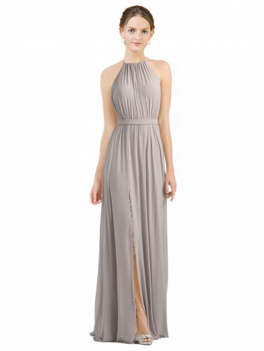 Cheap Backless Halter Chiffon Bridesmaid Dress with Front Slit and Tie Open Back UK
