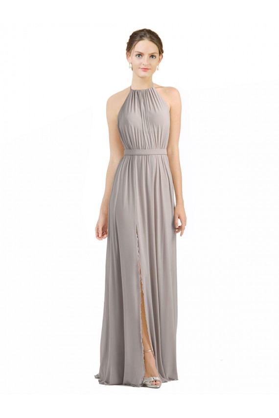 Cheap Backless Halter Chiffon Bridesmaid Dress with Front Slit and Tie Open Back UK