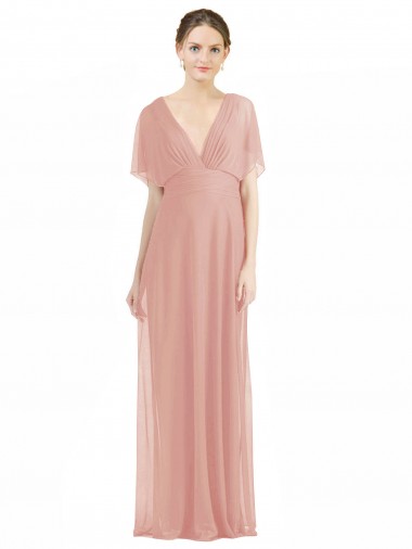 Cheap Draped Short Sleeves Long Chiffon A-Line Bridesmaid Dress UK