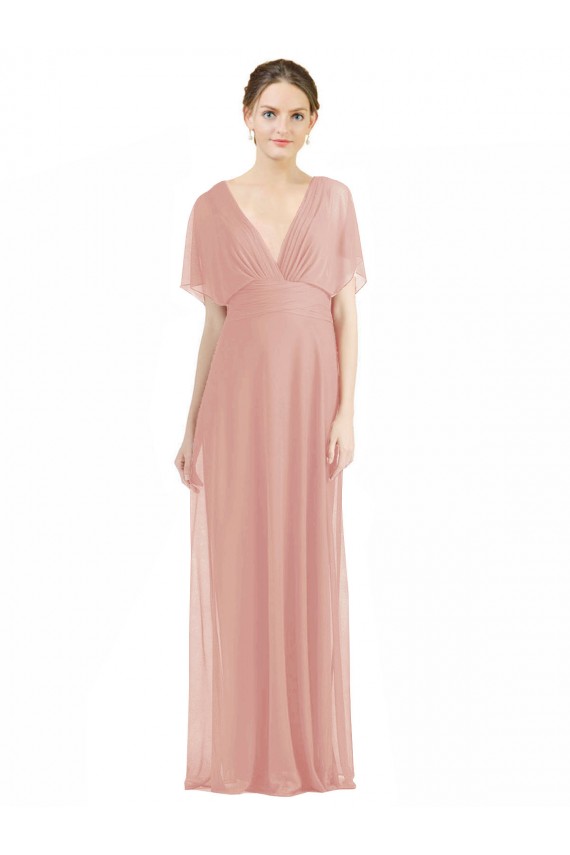 Cheap Draped Short Sleeves Long Chiffon A-Line Bridesmaid Dress UK