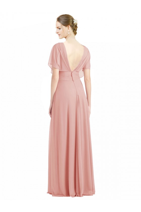 Cheap Draped Short Sleeves Long Chiffon A-Line Bridesmaid Dress UK