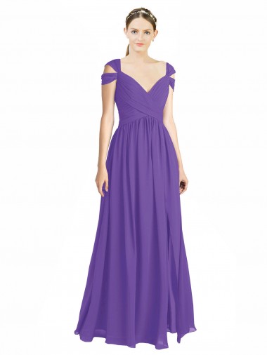 Cheap Off the Shoulder Cap Sleeves Chiffon Bridesmaid Dress with Pleats UK