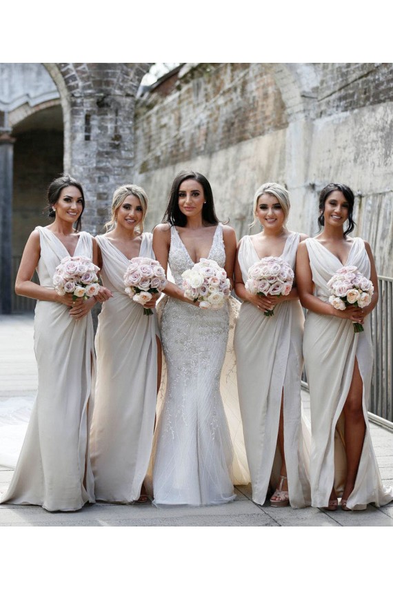 Cheap Chiffon Long Champagne Bridesmaid Dress with Sexy High Slit and Front Ruffles UK