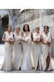 Cheap Chiffon Long Champagne Bridesmaid Dress with Sexy High Slit and Front Ruffles UK