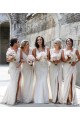 Cheap Chiffon Long Champagne Bridesmaid Dress with Sexy High Slit and Front Ruffles UK