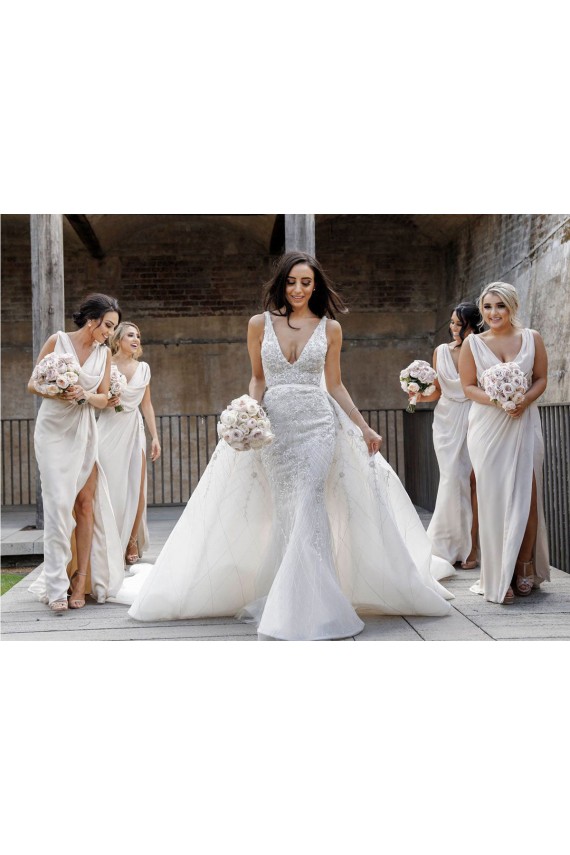 Cheap Chiffon Long Champagne Bridesmaid Dress with Sexy High Slit and Front Ruffles UK