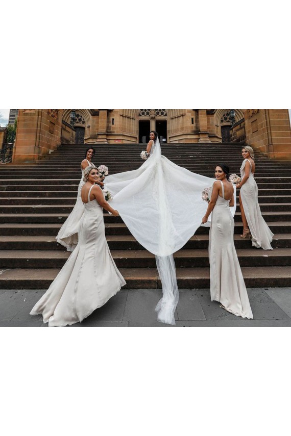 Cheap Chiffon Long Champagne Bridesmaid Dress with Sexy High Slit and Front Ruffles UK