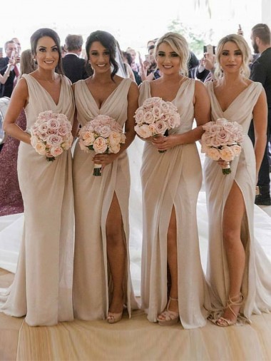 Cheap Chiffon Long Champagne Bridesmaid Dress with Sexy High Slit and Front Ruffles UK