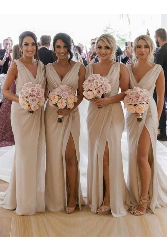 Cheap Chiffon Long Champagne Bridesmaid Dress with Sexy High Slit and Front Ruffles UK