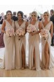 Cheap Chiffon Long Champagne Bridesmaid Dress with Sexy High Slit and Front Ruffles UK