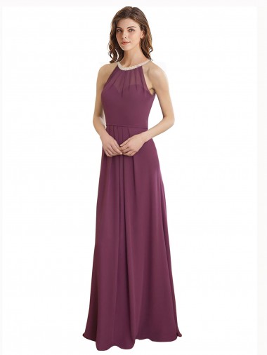 Cheap High Neckline Long Chiffon Bridesmaid Dress with Beaded Trim UK