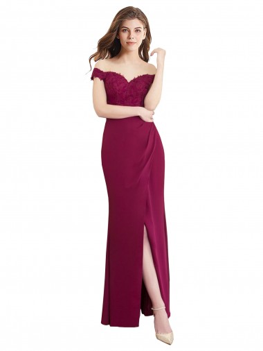 Cheap Off the Shoulder Chiffon Bridesmaid Dress with Lace Appliques and Front Slit UK