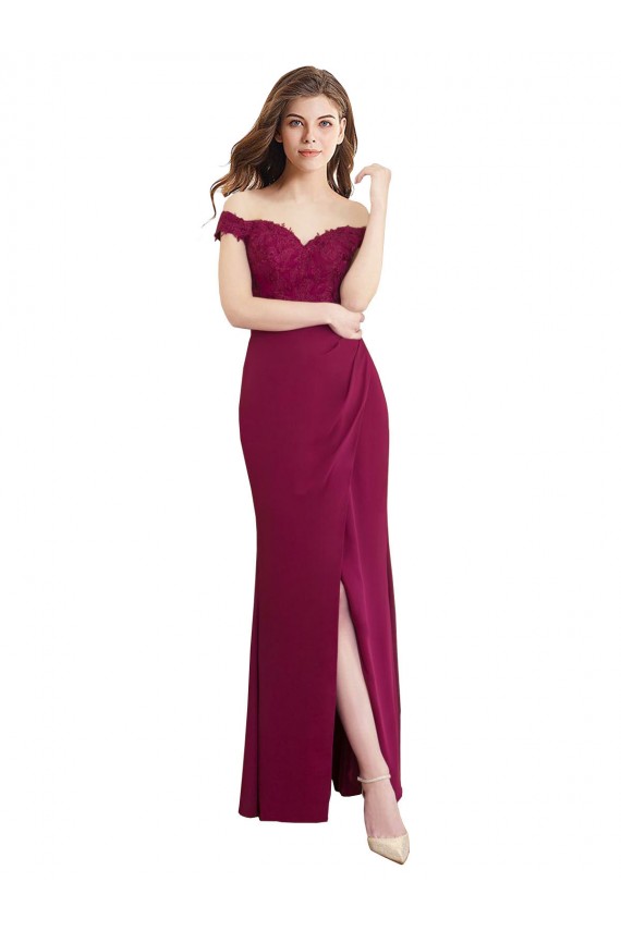 Cheap Off the Shoulder Chiffon Bridesmaid Dress with Lace Appliques and Front Slit UK