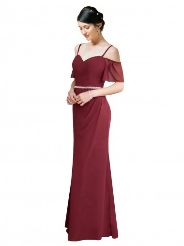 Cheap Draped Cold Shoulder Long Chiffon Bridesmaid Dress with Spaghetti Straps UK