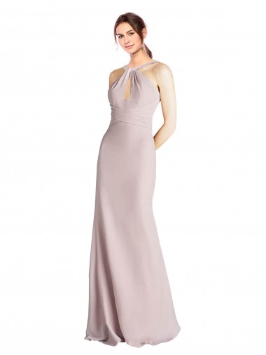 Cheap Long Slim Chiffon Bridesmaid Dress with Ruffled Waist and Keyhole UK
