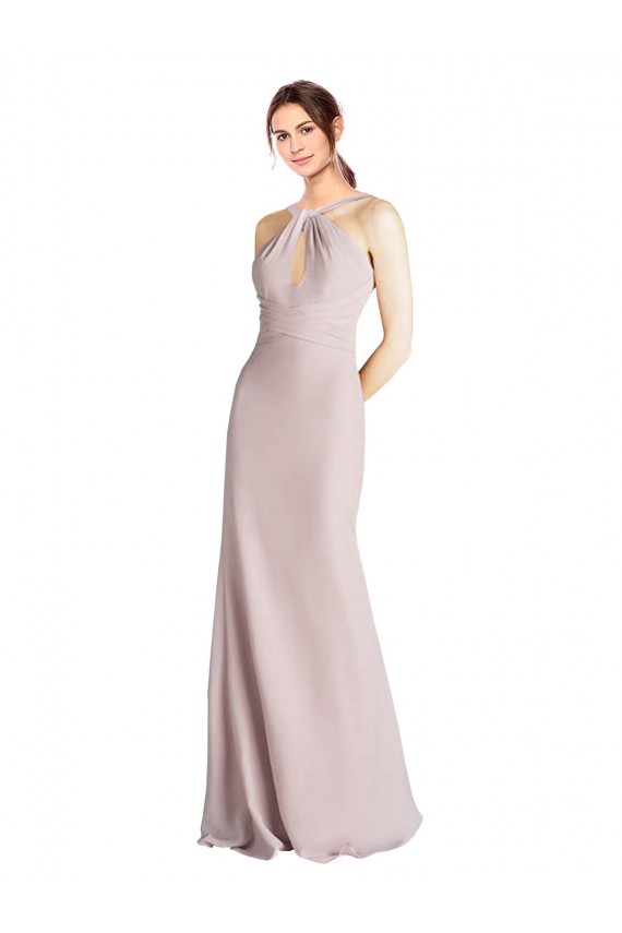 Cheap Long Slim Chiffon Bridesmaid Dress with Ruffled Waist and Keyhole UK