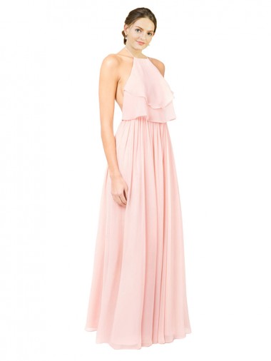 Cheap Halter Neck Chiffon Bridesmaid Dress with Double Ruffle Front UK