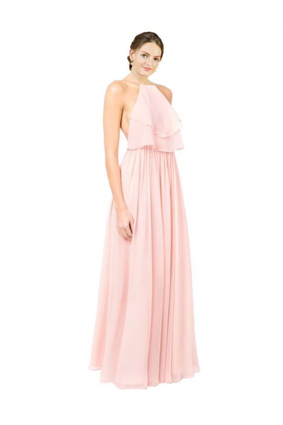Cheap Halter Neck Chiffon Bridesmaid Dress with Double Ruffle Front UK