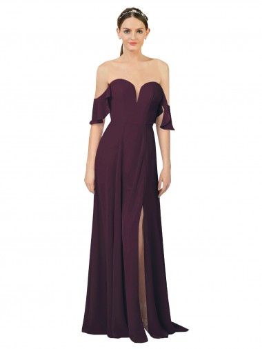 Cheap Romantic Off-Shoulder Chiffon Bridesmaid Dress with Plunging V-Neck UK