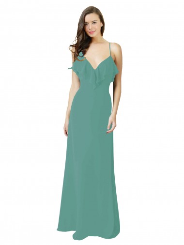 Cheap Full Length Chiffon Bridesmaid Dress with Ruffled V-Neckline UK