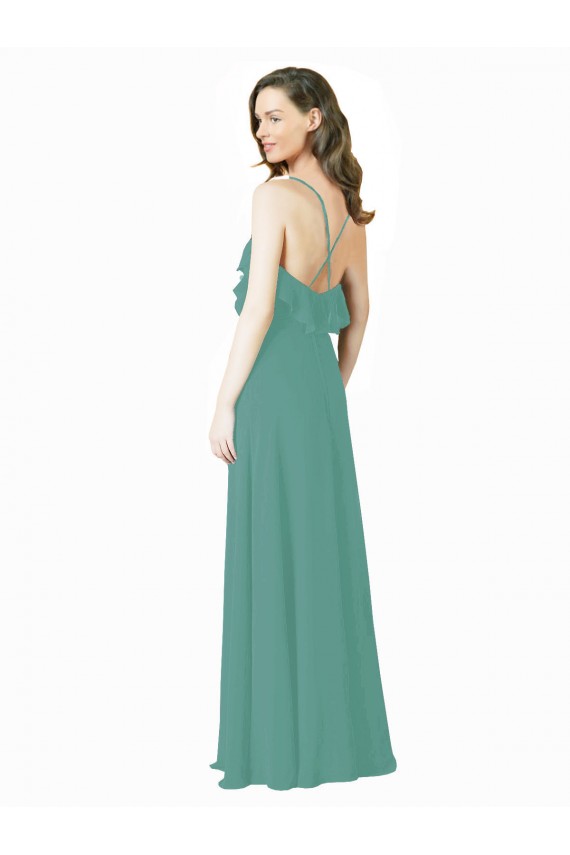 Cheap Full Length Chiffon Bridesmaid Dress with Ruffled V-Neckline UK