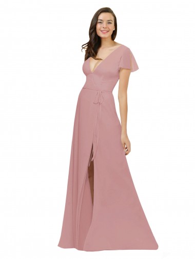 Cheap Flutter Sleeves Short Chiffon Bridesmaid Dress with Tie Belt UK