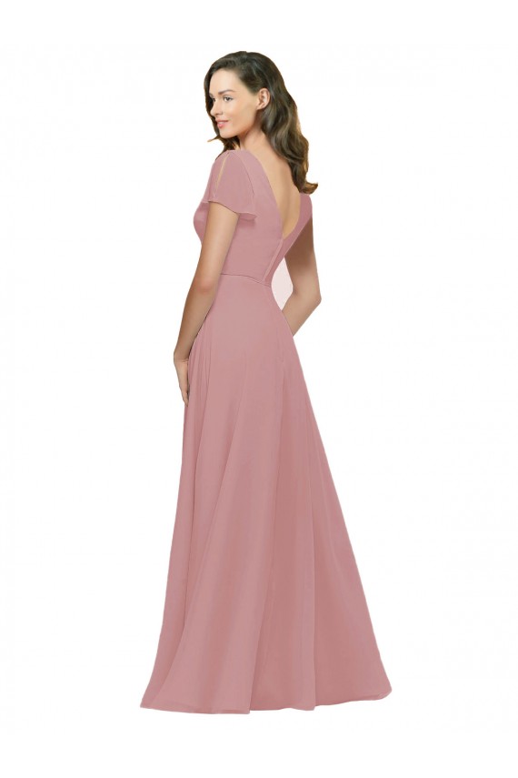 Cheap Flutter Sleeves Short Chiffon Bridesmaid Dress with Tie Belt UK