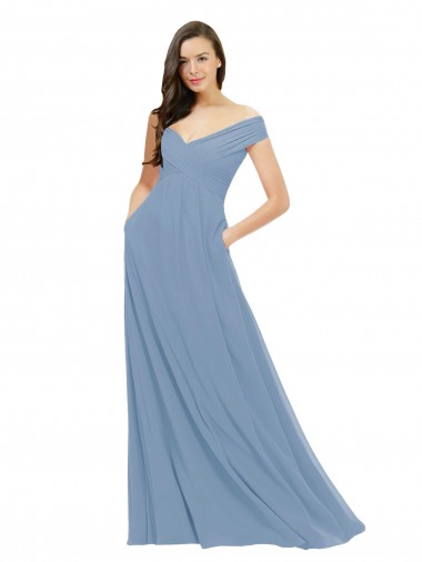 Cheap Chiffon Bridesmaid Dress with Classic Off the Shoulder Neckline UK