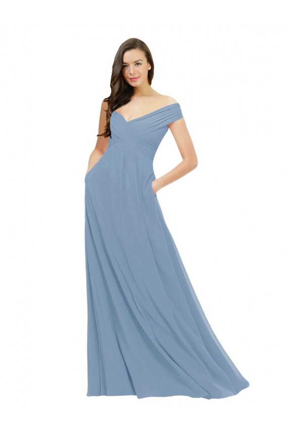 Cheap Chiffon Bridesmaid Dress with Classic Off the Shoulder Neckline UK