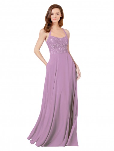 Cheap Floral Detailed Chiffon Bridesmaid Dress with Keyhole Back UK