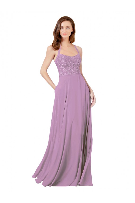 Cheap Floral Detailed Chiffon Bridesmaid Dress with Keyhole Back UK