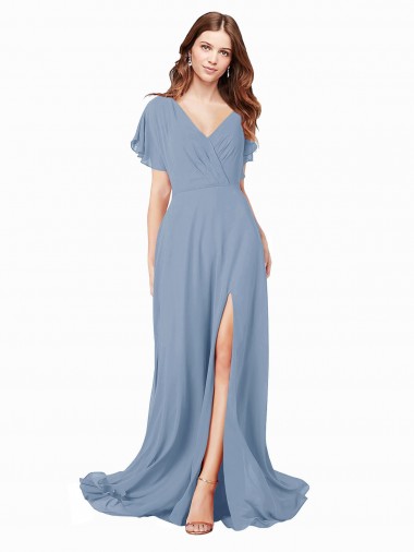 Cheap Chiffon Bridesmaid Dress / Prom Dress with Flutter Sleeves and Front Slit UK