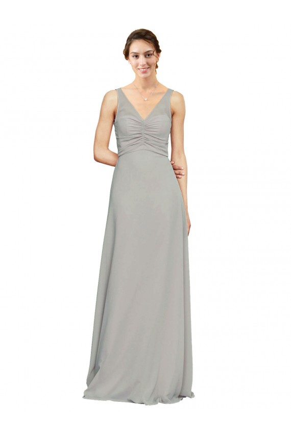 Cheap V-Neck Chiffon Bridesmaid Dress with Illusion Gathered Bodice UK