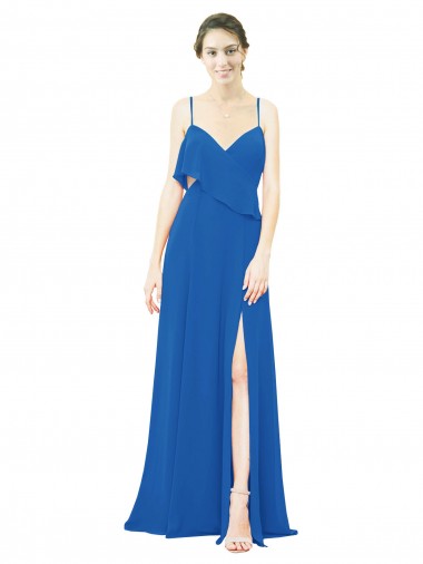 Cheap Spaghetti Strap Chiffon Bridesmaids Dress with Asymmetrical Ruffle and Front Slit UK
