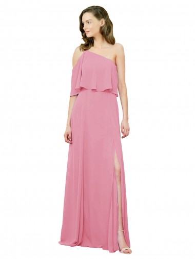 Cheap Sleeved One Shoulder Chiffon Bridesmaids Dress with Draped Ruffle Overlay UK
