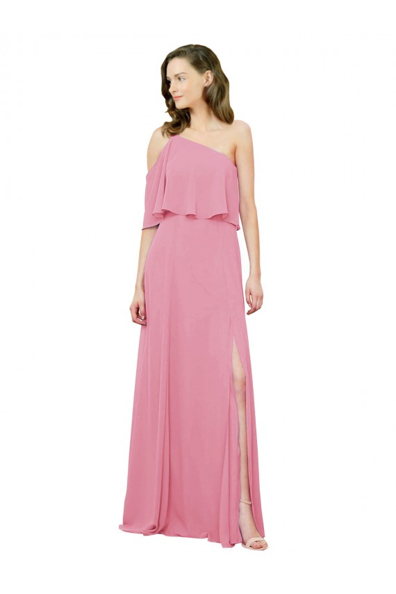 Cheap Sleeved One Shoulder Chiffon Bridesmaids Dress with Draped Ruffle Overlay UK