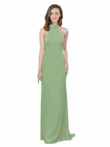Cheap High Collar Halter Neck Chiffon Bridesmaid Dress with Long Back Tie UK