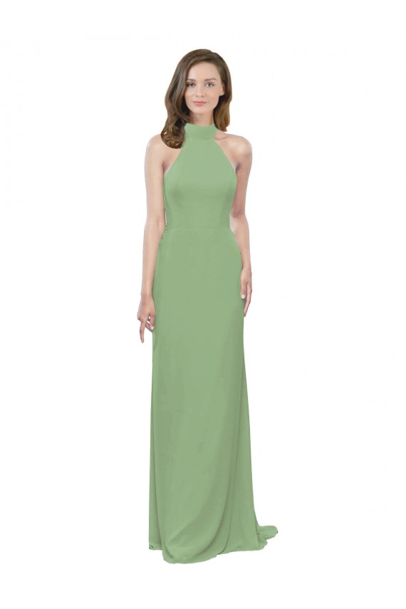 Cheap High Collar Halter Neck Chiffon Bridesmaid Dress with Long Back Tie UK