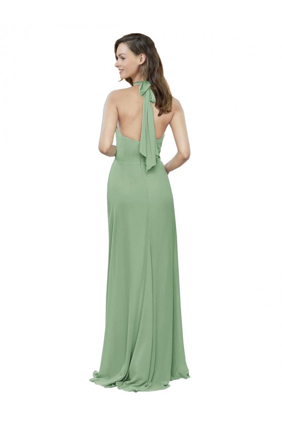 Cheap High Collar Halter Neck Chiffon Bridesmaid Dress with Long Back Tie UK