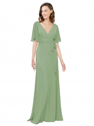 Cheap Chiffon V-Neckline Wrap Bridesmaids Dress With Double Flutter Sleeve UK