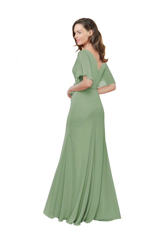 Cheap Chiffon V-Neckline Wrap Bridesmaids Dress With Double Flutter Sleeve UK