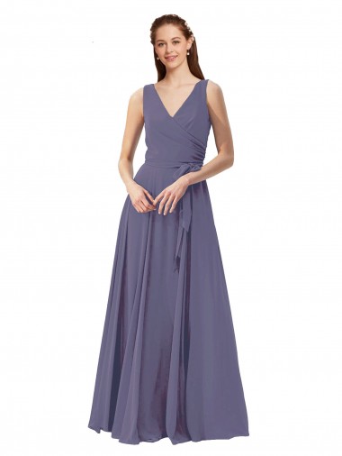 Cheap V-Neck Long Draped A-Line Chiffon Bridesmaid Dress UK